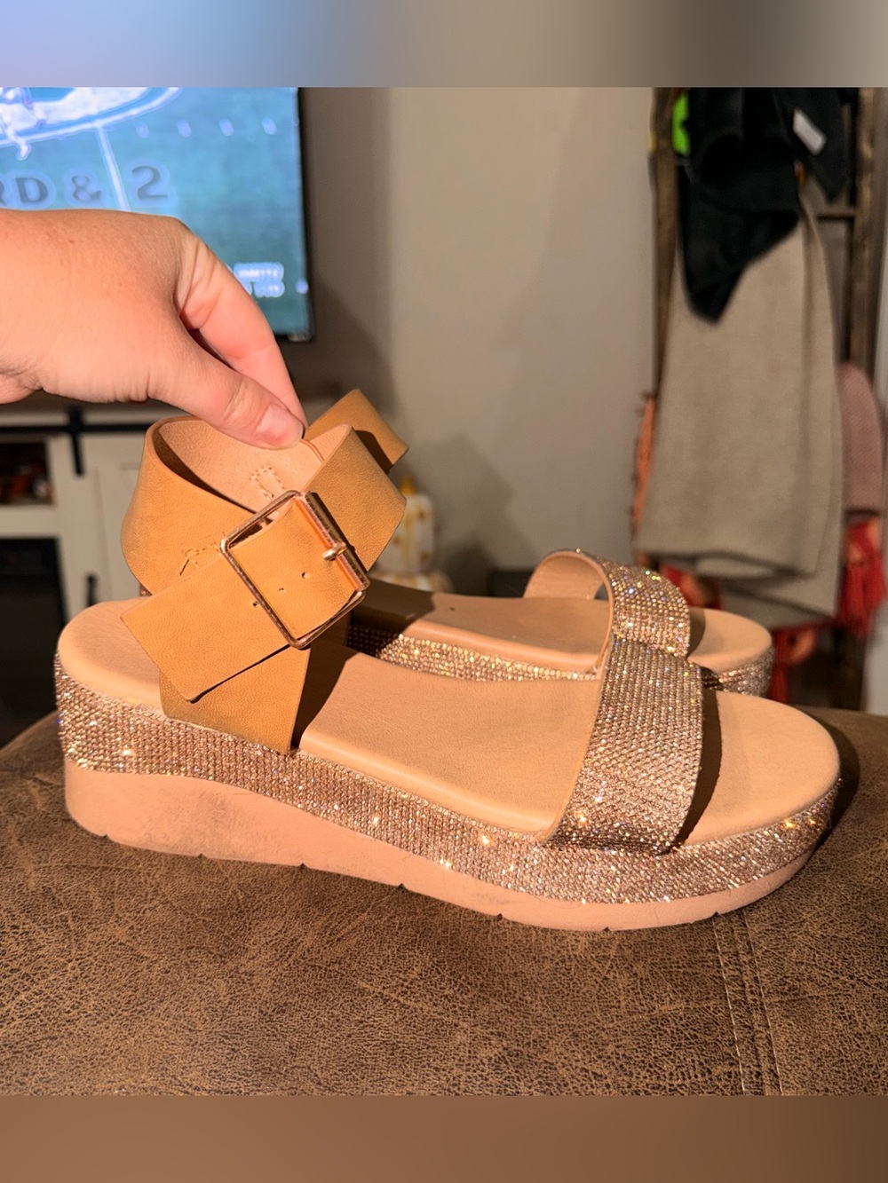 Forever 21 Tan Platform Sandals with Sparkling Straps